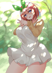 Rule 34 | 1girl, absurdres, blue eyes, blush, bob cut, breasts, contrapposto, cowboy shot, dress, fingers together, forest, go-toubun no hanayome, green ribbon, hair between eyes, hair ribbon, head tilt, highres, large breasts, long sleeves, looking at viewer, micosiva, nakano yotsuba, narrow waist, nature, open mouth, orange hair, outdoors, pinafore dress, ribbon, short dress, short hair, sleeveless dress, solo, sweater, teeth, thick thighs, thighs, upper teeth only, white dress, wide hips