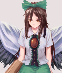 Rule 34 | 1girl, black hair, black wings, bow, brown eyes, cape, closed mouth, control rod, frilled shirt collar, frills, green bow, green skirt, long hair, looking to the side, reflection, reiuji utsuho, roke (taikodon), shirt, short sleeves, simple background, skirt, solo, third eye, touhou, white shirt, wings