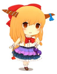 Rule 34 | 1girl, :o, belt, blush stickers, bobby socks, bow, chain, chibi, clenched hand, cuffs, female focus, full body, hair bow, hair ribbon, hand on own hip, hip focus, horn ornament, horn ribbon, horns, ibuki suika, long hair, looking at viewer, mary janes, orange hair, red eyes, rei (tonbo0430), ribbon, shackles, shadow, shirt, shoes, simple background, skirt, sleeveless, sleeveless shirt, socks, solo, touhou, very long hair, white background