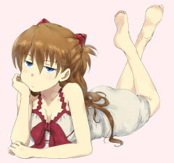 Rule 34 | 1girl, :|, bad feet, bare shoulders, barefoot, blue eyes, blush, brown hair, closed mouth, collarbone, elbow rest, feet, feet up, full body, gedou (ge ge gedou), hair ornament, hand on own chin, jitome, long hair, looking at viewer, lying, neon genesis evangelion, nightgown, on stomach, pink background, plantar flexion, simple background, soles, solo, souryuu asuka langley, the pose, toes, twintails, two side up