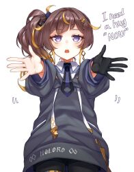 Rule 34 | 1girl, anya melfissa, black gloves, blonde hair, brown hair, ckhd, collared shirt, earrings, english text, gloves, highres, hololive, hololive indonesia, hood, hoodie, jewelry, looking at viewer, multicolored hair, necktie, open mouth, outstretched arms, purple eyes, shirt, side ponytail, simple background, single glove, solo, streaked hair, virtual youtuber, white background