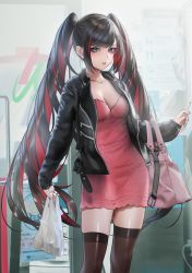 Rule 34 | 1girl, bag, black hair, black jacket, black thighhighs, breasts, cigarette, collarbone, dress, fishnet thighhighs, fishnets, green eyes, grocery bag, handbag, heterochromia, highres, holding, holding cigarette, jacket, knees up, leather, leather jacket, long hair, looking at viewer, medium breasts, multicolored hair, nail polish, nanaken nana, open clothes, open jacket, original, pink dress, purple eyes, purple nails, red hair, shopping bag, short dress, simple background, solo, standing, thighhighs, thighs, tongue, tongue out, twintails, two-tone hair, very long hair, zettai ryouiki