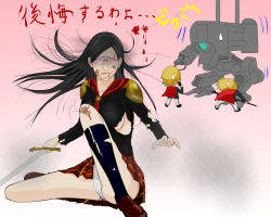 Rule 34 | 1girl, 2boys, ace (fft-0), angry, artist request, battle, black hair, blonde hair, blood, blood in mouth, breasts, broken eyewear, cape, card, dirty, final fantasy, final fantasy type-0, glowing, glowing eyes, gradient background, highres, lips, long hair, mecha, messy hair, multiple boys, nine (fft-0), panties, purple eyes, queen (fft-0), robot, scared, short hair, sitting, skirt, smile, sweatdrop, sword, torn clothes, translation request, underwear, weapon, white panties, yandere