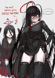 Rule 34 | ..., 2girls, = =, absurdres, ankoku kishi m, black choker, black gloves, black hair, black sailor collar, black thighhighs, blue archive, blunt bangs, blush, breasts, choker, closed mouth, commentary request, cosplay, costume switch, english text, garter belt, garter straps, gloves, grey background, hair between eyes, halo, hasumi (blue archive), hasumi (blue archive) (cosplay), highres, large breasts, long hair, long skirt, long sleeves, messy hair, multiple girls, neckerchief, nose blush, open mouth, red choker, red eyes, red neckerchief, sailor collar, school uniform, serafuku, simple background, skirt, spoken ellipsis, sweat, thighhighs, tsurugi (blue archive), tsurugi (blue archive) (cosplay), undone neckerchief, very long hair, wavy mouth, white background, white sailor collar