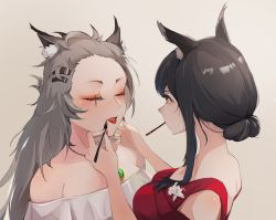 Rule 34 | 2girls, alternate costume, animal ear fluff, animal ears, arknights, bare shoulders, black hair, blush, breasts, brown eyes, chinese commentary, clearhand, commentary request, dress, closed eyes, eyeshadow, facing another, flower, forehead, grey background, hair bun, hair ornament, hairclip, hands up, highres, holding, holding brush, jewelry, lappland (arknights), lipstick, long hair, makeup, medium breasts, mouth hold, multiple girls, nail polish, off-shoulder dress, off shoulder, open mouth, pendant, red dress, red lips, scar, scar across eye, scar on face, short hair, sidelocks, silver hair, simple background, single hair bun, texas (arknights), upper body, white dress, white flower, wolf ears, yuri