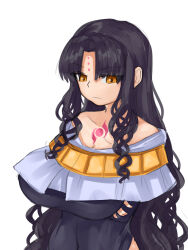 Rule 34 | 1girl, bare shoulders, black hair, breasts, dress, fate/extra, fate/grand order, fate (series), frown, highres, huge breasts, large breasts, long hair, multicolored clothes, sessyoin kiara, simple background, solo, standing, steamingtofu, white background