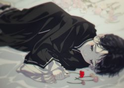 Rule 34 | 1boy, absurdres, artist name, black hair, black robe, blurry, child, chinese clothes, crying, crying with eyes open, depth of field, eyelashes, feet out of frame, flower, hataserukana, highres, juuni kokuki, looking away, lying, male focus, nail polish, on side, pink flower, pink nails, red flower, robe, sad, short hair, solo, taiki (juuni kokuki), tears, twitter username