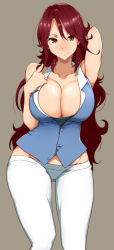 Rule 34 | 1girl, arm behind head, arm up, armpits, bare arms, bare shoulders, blue vest, blush, breasts, brown eyes, cleavage, closed mouth, collarbone, commentary request, cowboy shot, gluteal fold, grey background, groin, gundam, gundam 00, hand on own chest, highres, large breasts, long hair, looking at viewer, no bra, nose blush, pants, purple hair, simple background, smile, solo, sumeragi lee noriega, tokiwa midori (kyokutou funamushi), very long hair, vest, white pants