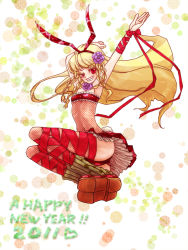 Rule 34 | 1girl, animal ears, armpits, blonde hair, braid, rabbit ears, flat chest, flower, hairband, long hair, navel, open mouth, panties, red eyes, ribbon, rose, shirley fennes, shoes, skirt, tail, tales of (series), tales of legendia, thighhighs, underwear