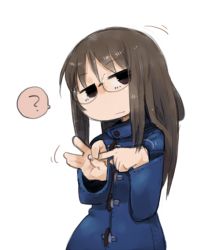 Rule 34 | 1girl, :|, ?, brown eyes, brown hair, closed mouth, coat, glasses, jitome, masha, matching hair/eyes, minakami mai, motion lines, nichijou, penetration gesture, simple background, solo, spoken question mark, white background