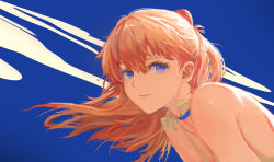 Rule 34 | 1girl, blue background, blue choker, blue eyes, choker, closed mouth, commentary, dress, hesemoshi, highres, interface headset, long hair, looking at viewer, neon genesis evangelion, orange hair, sleeveless, sleeveless dress, solo, souryuu asuka langley, spaghetti strap, two-tone background, upper body, yellow background, yellow dress