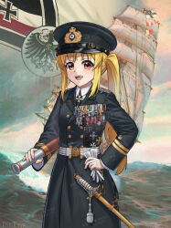 1girl absurdres blonde_hair bocchi_the_rock! cross gloves hat highres huihuang_rongyao ijichi_nijika imperial_german_flag imperial_german_navy iron_cross medal military_hat military_uniform ship smile solo unworn_gloves watercraft watermark white_gloves world_war_i