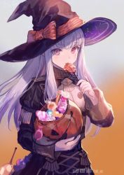 Rule 34 | 1girl, artist name, azu-taro, black hat, blush, bow, buttons, candy, commentary request, epaulettes, fire emblem, fire emblem: three houses, floating hair, food, garreg mach monastery uniform, hair between eyes, halloween, hat, holding, holding candy, holding food, jack-o&#039;-lantern, licking, lollipop, long hair, looking at viewer, lysithea von ordelia, nintendo, orange bow, orange ribbon, pink eyes, ribbon, solo, twitter username, uniform, white hair, witch, witch hat