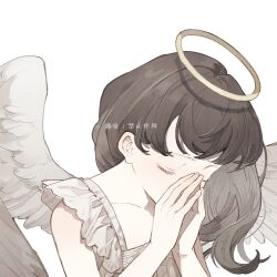 Rule 34 | 1girl, angel, angel wings, brown hair, closed eyes, collarbone, covering own mouth, dress, eyelashes, feathered wings, frills, halo, hands up, long hair, original, own hands together, simple background, sleeveless, sleeveless dress, solo, upper body, watermark, white background, white dress, white wings, wings, zhenjiuzi