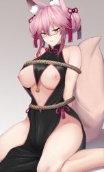 Rule 34 | 1girl, animal ear fluff, animal ears, bare shoulders, bdsm, bell, black dress, blush, bondage, bound, breasts, center opening, china dress, chinese clothes, chiyo (pk19981234), dress, fate/grand order, fate (series), fox ears, fox girl, fox tail, hair between eyes, highres, jingle bell, koyanskaya (chinese lostbelt outfit) (fate), koyanskaya (fate), large breasts, long hair, looking at viewer, nipples, pink hair, rope, smile, solo, tail, tamamo (fate), tassel, thighs, yellow eyes