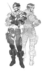 Rule 34 | 1boy, animification, apex legends, belt, bodysuit, boots, checkered clothes, checkered scarf, crossed arms, facial hair, goatee, goggles, goggles on head, greyscale, hair behind ear, highres, knee pads, male focus, mirage (apex legends), monochrome, multiple views, open mouth, pouch, radio antenna, scarf, sketch, smile, thundergotch, white background