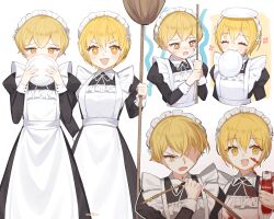 Rule 34 | 1boy, 1girl, :3, apron, black dress, blonde hair, blush, broom, crying, don quixote (project moon), dress, highres, holding, holding broom, holding plate, juliet sleeves, ketchup, limbus company, long sleeves, love mintchoco, maid, maid headdress, mouth hold, multiple views, on head, open mouth, plate, project moon, puffy sleeves, ribbon, short hair, sinclair (project moon), sleeve cuffs, smile, sparkling eyes, trap, white apron, white ribbon, yellow eyes