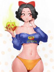Rule 34 | 1girl, apple, bare shoulders, black hair, breasts, brown eyes, cameltoe, collarbone, commentary, covered erect nipples, crop top, disney, eating, english text, food, fruit, fumio (rsqkr), hair ribbon, hand on own cheek, hand on own face, highres, medium breasts, midriff, navel, panties, poison, ribbon, saliva, saliva trail, short hair, skull, snow white, snow white (disney), snow white and the seven dwarfs, solo, underwear