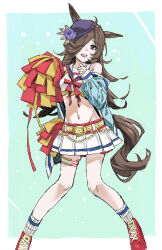 Rule 34 | 1girl, animal ears, belt, blue jacket, breasts, brown hair, cosplay, hair over one eye, hat, highres, holding, holding pom poms, horse ears, horse girl, horse tail, jacket, long hair, long sleeves, looking at viewer, midriff, miniskirt, navel, nice nature (run&amp;win) (umamusume), nice nature (umamusume), nice nature (umamusume) (cosplay), nobita (makoto7060355), off shoulder, open clothes, open jacket, open mouth, pom pom (cheerleading), pom poms, purple eyes, purple hair, purple hat, red footwear, rice shower (umamusume), shirt, shoes, skirt, small breasts, smile, sneakers, socks, solo, tail, thigh strap, umamusume, white shirt, white skirt, white socks