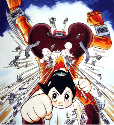Rule 34 | 1950s (style), 1960s (style), 1boy, android, atom (tetsuwan atom), battle, black eyes, black hair, cable, child, circuits, clenched hand, cloud, cover, cover page, debris, destruction, duel, eyelashes, flying, good end, highres, hose, ink (medium), looking at viewer, machinery, manga cover, mecha, motion lines, official style, oldschool, perspective, pointy hair, retro artstyle, robot, scan, science fiction, serious, smoke, tetsuwan atom, textless version, tezuka osamu, thrusters, traditional media, wreckage