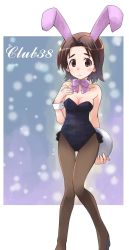 Rule 34 | 1girl, animal ears, bare shoulders, black leotard, black pantyhose, bow, bowtie, breasts, brown eyes, brown hair, cleavage, closed mouth, commentary request, detached collar, fake animal ears, girls und panzer, highres, holding, holding tray, legs, leotard, looking at viewer, medium breasts, osamada meika, outside border, pantyhose, parted bangs, playboy bunny, purple bow, purple bowtie, rabbit ears, sawa azusa, short hair, side-tie leotard, smile, solo, standing, strapless, strapless leotard, thigh gap, tray, wrist cuffs