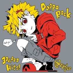 Rule 34 | 1boy, @ @, absurdres, amaneryuusei, blonde hair, dappou rock (vocaloid), drill hair, full body, grey background, hair ornament, hairclip, hand in pocket, highres, hood, hoodie, kagamine len, looking at viewer, male focus, parted lips, partially colored, red eyes, shorts, simple background, slippers, socks, solo, song name, @ @, squatting, thank you, twitter username, v, vocaloid