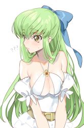 Rule 34 | 1girl, ?, ??, bare shoulders, belt, belt buckle, blue bow, blue ribbon, bow, breasts, buckle, c.c., cleavage, cleavage cutout, clothing cutout, code geass, collarbone, commentary request, creayus, detached sleeves, dress, green hair, hair between eyes, hair bow, hair ribbon, halter dress, halterneck, highres, large breasts, long hair, looking away, looking to the side, parted lips, puffy short sleeves, puffy sleeves, ribbon, short sleeves, simple background, skindentation, solo, sweat, sweatdrop, teeth, upper body, v arms, very long hair, white background, white dress, yellow eyes