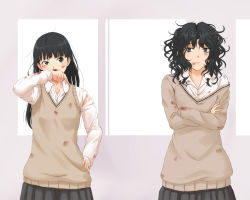 Rule 34 | 2girls, after battle, amagami, ayatsuji tsukasa, black eyes, black hair, blazer, blood, nosebleed, brown eyes, bruise, commentary request, crossed arms, glaring, hand on own hip, hand up, injury, jacket, long hair, looking to the side, messy hair, multiple girls, off shoulder, open collar, rubbing, school uniform, scuffed, shirt, side-by-side, simple background, skirt, tanamachi kaoru, toki (tokihakashi), torn clothes, torn shirt, window
