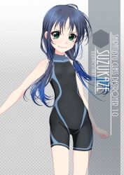 Rule 34 | 1girl, artist name, black bodysuit, black hair, black one-piece swimsuit, black wetsuit, bodysuit, character name, checkered background, commentary request, cowboy shot, diving suit, flat chest, gradient background, green eyes, grin, highres, inaba shiki, kantai collection, long hair, looking at viewer, low twintails, multicolored clothes, multicolored swimsuit, one-piece swimsuit, ribbon, simple background, sleeveless, smile, solo, striped clothes, striped one-piece swimsuit, suzukaze (kancolle), swimsuit, teeth, twintails, vertical-striped clothes, vertical-striped one-piece swimsuit, wetsuit