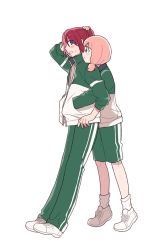 Rule 34 | 2girls, aqua eyes, bang dream!, blue eyes, blush stickers, full body, green pants, green shorts, hand in another&#039;s pocket, hand on own head, jacket, leaning back, long sleeves, looking at another, low twintails, medium hair, multiple girls, pants, pink hair, ponytail, re ghotion, red hair, shoes, shorts, simple background, smile, sneakers, socks, standing, track jacket, track pants, track suit, twintails, udagawa tomoe, uehara himari, white background, white footwear, white legwear