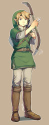 Rule 34 | 1boy, bad id, bad pixiv id, blonde hair, boots, bow (weapon), brown background, elf, full body, green hat, hat, holding, holding bow (weapon), holding weapon, link, male focus, nintendo, pointy ears, shield, shield on back, simple background, solo, standing, the legend of zelda, the legend of zelda: twilight princess, uichi, weapon