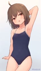 Rule 34 | 1girl, ahoge, arm behind head, arm support, artist name, breasts, brown hair, centi mnkt, chestnut mouth, cowboy shot, gradient background, highres, light blue background, new school swimsuit, one-piece swimsuit, open mouth, original, red eyes, school swimsuit, short hair, sidelocks, simple background, small breasts, standing, swimsuit, twitter username, white background