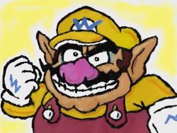 Rule 34 | 1boy, brown hair, clenched hand, fat, fat man, gloves, hand up, hat, male focus, mario (series), nintendo, solo, super mario land 2, wario, white gloves