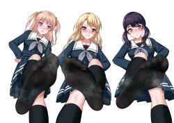 3girls absurdres bang_dream! black_hair blonde_hair blush feet foot_focus futaba_tsukushi highres hiromachi_nanami kirigaya_toko multiple_girls oirin orange_hair school_uniform socks