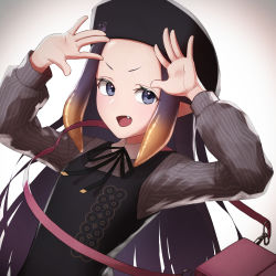 Rule 34 | 1girl, absurdres, arimoto wataru, arms up, beret, black hat, black ribbon, blue eyes, commentary request, dress, fang, forehead, gradient hair, grey shirt, hat, highres, hololive, hololive english, long hair, looking at viewer, multicolored hair, neck ribbon, ninomae ina&#039;nis, ninomae ina&#039;nis (casual), open mouth, orange hair, pinafore dress, pointy ears, purple hair, ribbon, shirt, simple background, sleeveless, sleeveless dress, solo, striped clothes, striped shirt, tentacle hair, tentacles, two-tone hair, upper body, very long hair, virtual youtuber, white background