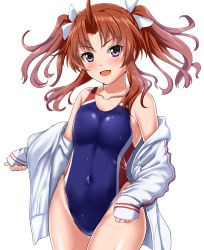 Rule 34 | 1girl, ahoge, alternate costume, antenna hair, blush, breasts, brown hair, collarbone, competition swimsuit, cowboy shot, hair between eyes, hair ribbon, highres, jacket, kagerou (kancolle), kagerou kai ni (kancolle), kantai collection, long hair, long sleeves, looking at viewer, navel, one-piece swimsuit, open mouth, purple eyes, ribbon, simple background, small breasts, solo, sportswear, swimsuit, swimsuit under clothes, track jacket, twintails, water drop, wet, wet clothes, wet swimsuit, white background, white jacket, white ribbon, zanntetu