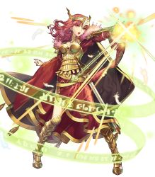 Rule 34 | 1girl, alternate costume, armor, armored boots, belt, boots, breasts, cape, celica (fire emblem), cleavage, earrings, feathers, female focus, fire emblem, fire emblem echoes: shadows of valentia, fire emblem heroes, full body, fur trim, hairband, highres, jewelry, long hair, magic, magic circle, matching hair/eyes, nintendo, official art, open mouth, red eyes, red hair, shield, solo, sword, teeth, transparent background, umiu geso, weapon