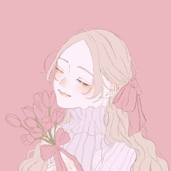 Rule 34 | 1girl, blonde hair, blush, bow, closed eyes, commentary, ear blush, facing away, flower, hair behind ear, hair bow, head tilt, highres, holding, holding flower, nose blush, original, parted bangs, pink background, pink bow, pink flower, pink rose, pink sweater, rose, shim 46, simple background, solo, sweater, turtleneck, turtleneck sweater, upper body