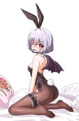Rule 34 | 1girl, alternate costume, animal ears, bare shoulders, bat wings, bed sheet, black leotard, black pantyhose, black wings, blush, breasts, commentary, detached collar, fang, fishnet pantyhose, fishnets, frills, from side, full body, hair between eyes, highres, leotard, light purple hair, looking at viewer, no shoes, nose blush, one eye closed, pantyhose, playboy bunny, pointy ears, rabbit ears, rabbit girl, rabbit tail, red eyes, remilia scarlet, short hair, simple background, sitting, small breasts, solo, sweatdrop, tail, thigh strap, touhou, welchsbinn, white background, wings, yes, yes-no pillow, yokozuwari