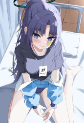 Rule 34 | 1girl, absurdres, bare legs, barefoot, black shirt, blue archive, blue buruma, blue eyes, blush, breasts, buruma, cpk prd, half updo, halo, highres, infirmary, jacket, lanyard, looking at viewer, medium breasts, official alternate costume, open clothes, open jacket, purple hair, seiza, shirt, sitting, solo, star sticker, sticker on face, yuuka (blue archive), yuuka (track) (blue archive)