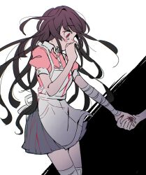 Rule 34 | 2girls, apron, back bow, bad id, bad twitter id, bandaged arm, bandaged knees, bandages, black background, blue skirt, blunt bangs, blush stickers, bow, buttons, collar, collared shirt, commentary, covering own mouth, cowboy shot, crying, crying with eyes open, danganronpa (series), danganronpa 2: goodbye despair, enoshima junko, highres, holding hands, long hair, looking at hand, miniskirt, multiple girls, nail polish, pink shirt, pink sleeves, pleated skirt, puffy short sleeves, puffy sleeves, purple hair, red eyes, red nails, ribbon, shirt, short sleeves, simple background, skirt, solo focus, teardrop, tears, tsumiki mikan, two-tone background, very long hair, white apron, white background, white collar, white ribbon, yuno (ou35i)