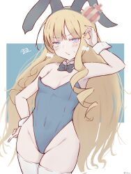 Rule 34 | 1006kbps, 1girl, absurdres, animal ears, armpits, azur lane, bare shoulders, blonde hair, blue eyes, blunt bangs, blush, breasts, covered navel, cowboy shot, crown, detached collar, drill hair, fake animal ears, hand on own hip, hand up, highres, leotard, long hair, looking at viewer, mini crown, playboy bunny, queen elizabeth (azur lane), rabbit ears, simple background, small breasts, solo, sweatdrop, thighhighs, thighs, white thighhighs, wrist cuffs