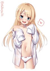 Rule 34 | 1girl, :d, artist name, blonde hair, blue eyes, blush, bow, bow panties, cowboy shot, cropped legs, dress shirt, ebifurya, flat chest, heart, highres, jervis (kancolle), kantai collection, long hair, navel, off shoulder, one-hour drawing challenge, open clothes, open mouth, open shirt, panties, shirt, simple background, sleeves past wrists, smile, solo, spoken heart, twitter username, underwear, white background, white panties