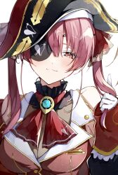 Rule 34 | 1girl, :3, arrow through heart, ascot, bare shoulders, bicorne, blush, bow, breasts, brooch, choker, cleavage, closed mouth, collarbone, covered collarbone, detached sleeves, eyepatch, frilled choker, frills, gloves, hair bow, hat, highres, hololive, houshou marine, jewelry, medium breasts, medium hair, playing with own hair, red ascot, red eyes, red hair, red ribbon, ribbon, sleeveless, sleeveless jacket, sleeves past wrists, solo, spicaboy, twintails, upper body, virtual youtuber, white gloves