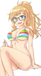 Rule 34 | 1girl, :d, aimobake, arm support, ass, bare arms, bare shoulders, bespectacled, bikini, black-framed eyewear, blonde hair, blue eyes, breasts, cleavage, collarbone, commentary request, front-tie bikini top, front-tie top, glasses, highres, idolmaster, idolmaster cinderella girls, long hair, looking at viewer, medium breasts, multicolored bikini, multicolored clothes, ohtsuki yui, open mouth, ponytail, rainbow bikini, side-tie bikini bottom, sidelocks, simple background, sitting, smile, solo, string bikini, striped bikini, striped clothes, swimsuit, thighs, untied bikini, wavy hair, white background