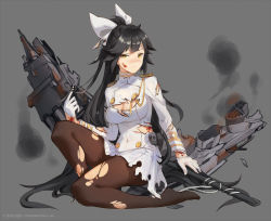 Rule 34 | 1girl, azur lane, black hair, black pantyhose, blood, blood on face, blush, bow, breasts, cleavage, covered navel, damaged, epaulettes, full body, gloves, hair bow, twirling hair, highres, injury, katana, large breasts, long hair, looking at viewer, military, military uniform, miniskirt, nose blush, pantyhose, ponytail, sitting, skirt, smoke, solo, sword, takao (bilan hangxian), thighband pantyhose, torn clothes, torn pantyhose, turtleneck, uniform, very long hair, weapon, white gloves, xiaohan6th, yellow eyes