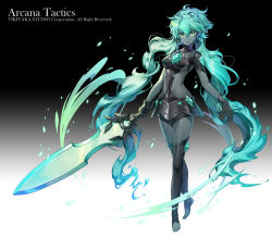 Rule 34 | 1girl, apple caramel, aqua hair, arcana tactics, black legwear, breasts, colored skin, company name, copyright name, full body, gem, green eyes, grey skin, hair between eyes, highres, holding, holding sword, holding weapon, long hair, looking at viewer, midriff, official art, simple background, small breasts, solo, standing, sword, twintails, very long hair, watermark, weapon
