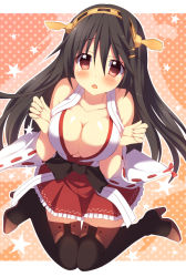 Rule 34 | 10s, 1girl, bad id, bad pixiv id, blush, boots, breasts, brown hair, cleavage, detached sleeves, hairband, haruna (kancolle), high heel boots, high heels, japanese clothes, kantai collection, large breasts, long hair, looking at viewer, miniskirt, nontraditional miko, oniku (shimofuri-ke), open mouth, personification, red eyes, skirt, solo, star (symbol), thigh boots, thighhighs, wide sleeves, zettai ryouiki