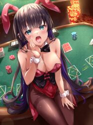 Rule 34 | 1girl, animal ears, aqua eyes, bare shoulders, black bow, black bowtie, black hair, blush, bocchi the rock!, bow, bowtie, breasts, brown pantyhose, casino, casino card table, chin piercing, cleavage, collarbone, colored inner hair, detached collar, ear piercing, fake animal ears, forked tongue, hand on own chin, hand on own thigh, hand up, highleg, highleg leotard, highres, hime cut, indoors, kikugawa roku, large breasts, leotard, long hair, multicolored hair, nail polish, open mouth, pa-san, pantyhose, piercing, playboy bunny, purple hair, rabbit ears, red leotard, red nails, sitting, sitting on table, solo, strapless, strapless leotard, table, teeth, thighs, tongue, upper teeth only, white wrist cuffs, wrist cuffs