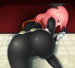 Rule 34 | 1girl, @ @, all fours, ass, belt, blush, bodysuit, cameltoe, embarrassed, from behind, gloves, head wings, huge ass, long hair, looking back, phantasy star, phantasy star online 2, pointy ears, red eyes, red hair, shiny clothes, skin tight, solo, tears, wings, yazaki shion, zelsius